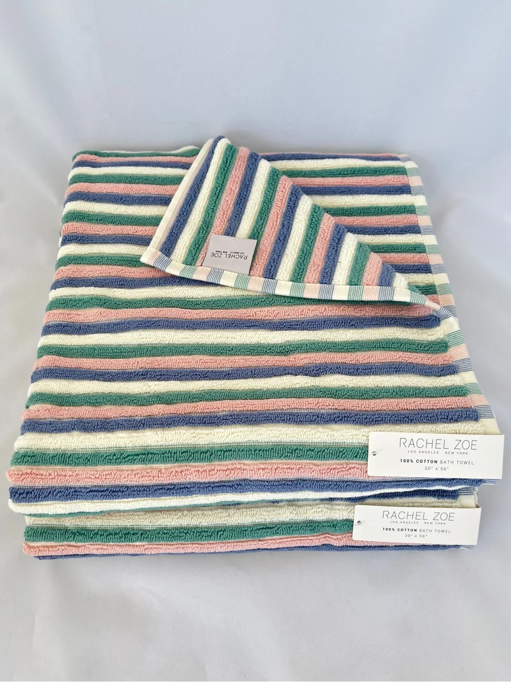 NWT Rachel Zoe Cotton Bath Towels Set of 2 Retro Pastel Striped Ribbed Coastal